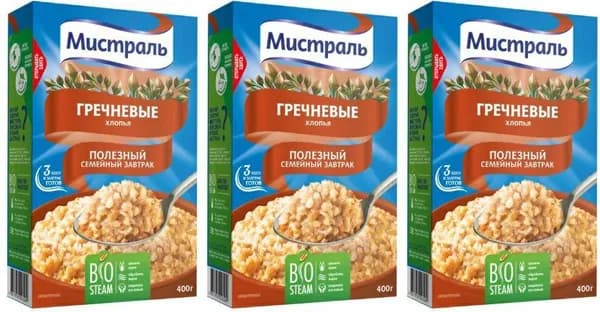 Хлопья Мистраль гречневые, комплект: 3 упаковки по 400 г