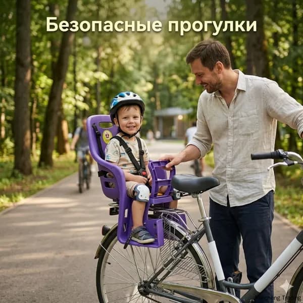 Детское велокресло на задний багажник с пятиточечным ремнем безопасности, поручнем и защитой ног.
