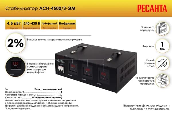 Стабилизатор напряжения РЕСАНТА АСН-4500/3-ЭМ