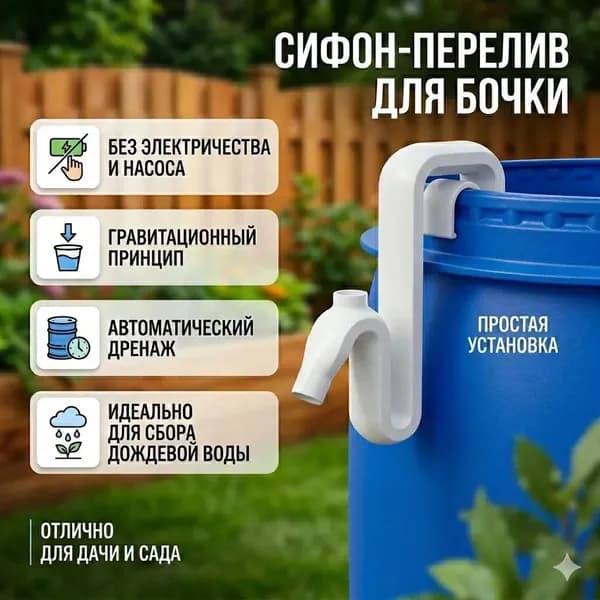 Автоматический сифон-перелив для бочки, без насоса, гравитационный, для дачи, сада и сбора дождевой воды