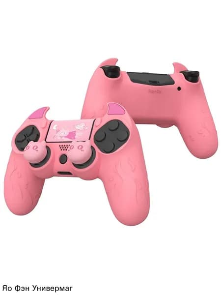 PlayVital Силиконовый чехол для геймпада PS4 Cute Demon, антискользящий, с насадками на стики, розовый