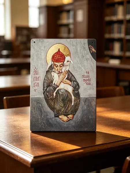 Икона на дереве "Спиридон Тримифунтский с овечкой", 14*20 см