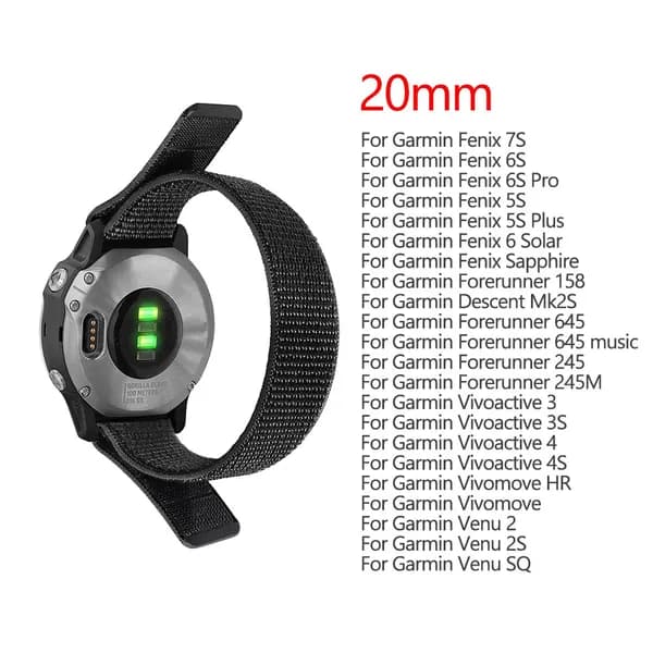 Ремешок для умных часов Garmin Fenix 7S, 6S, 5S из нейлона с застёжкой-липучкой, ширина 20 мм, чёрный