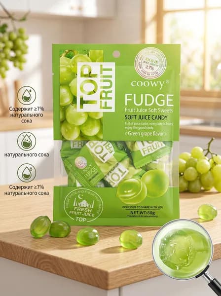 Мягкие конфеты COOWY FUDGE Fruit Juice Soft Sweets со вкусом зелёного винограда, на основе фруктового сока, 80 г