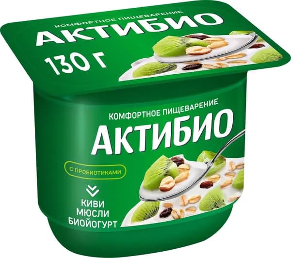 Биойогурт АКТИБИО Киви, мюсли 3%, без змж, 130г 5 шт.