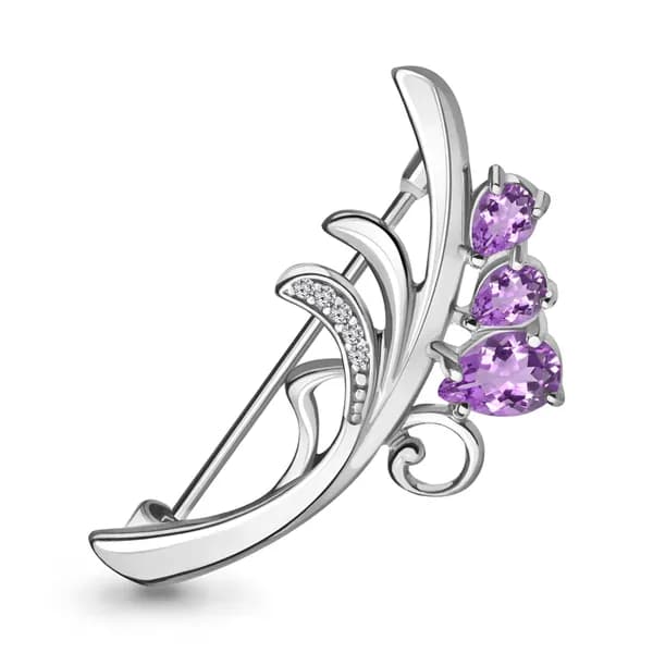 Серебряная брошь DIAMANT-ONLINE с фианитом и аметистом 925 пробы