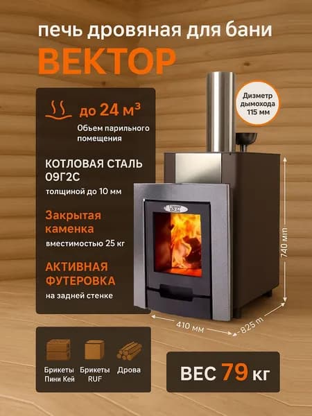 Печь для бани и сауны Волжанка Вектор с закрытой каменкой