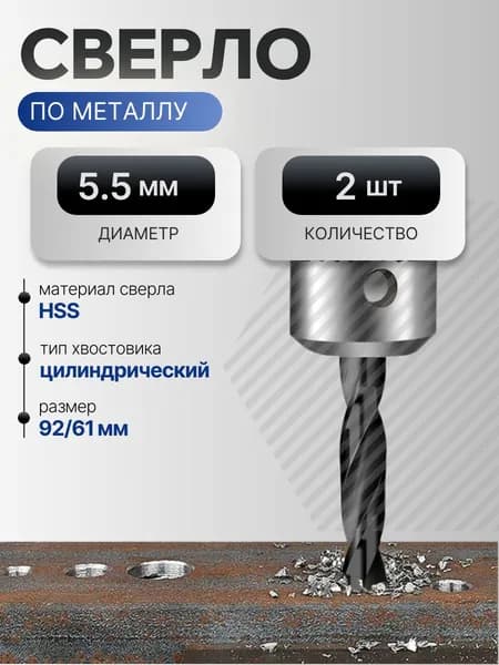 Сверло по металлу 5.5 мм, HSS, 2 шт.