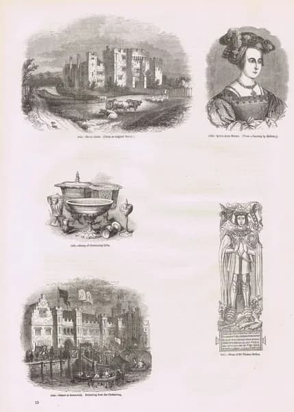 Старая Англия 191. Правление Генриха VIII. Замок Хивер, дворец в Гринвиче, королева Анна Болейн, доска с могилы Томаса Болейна - отца королевы. Антикварная гравюра (ксилография). Англия, 1864 год