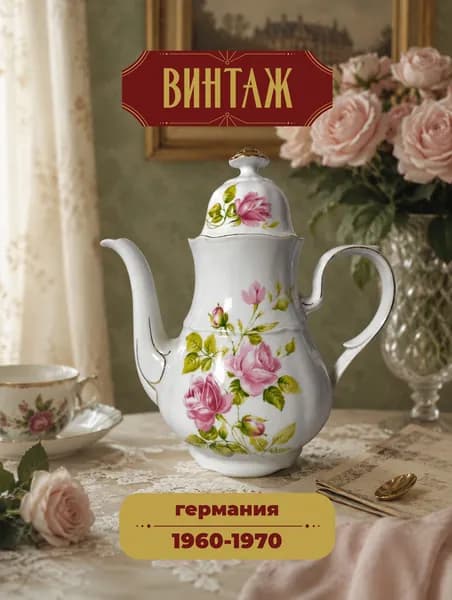 Чайник заварочный (кофейник) с цветочным декором Tirschenreuth "Розы" в бело-розовых тонах винтажное, фарфор, деколь, золочение, 17,5(24)х12,5 см, Германия, 1960-70 гг.