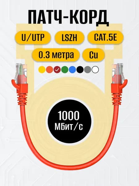 Патч-корд 0.3 метра RJ-45 кат.5е U/UTP CU 26AWG LSZH красный, MAXICORD, интернет кабель, сетевой Enternet Lan для соединения интернета 0.3м