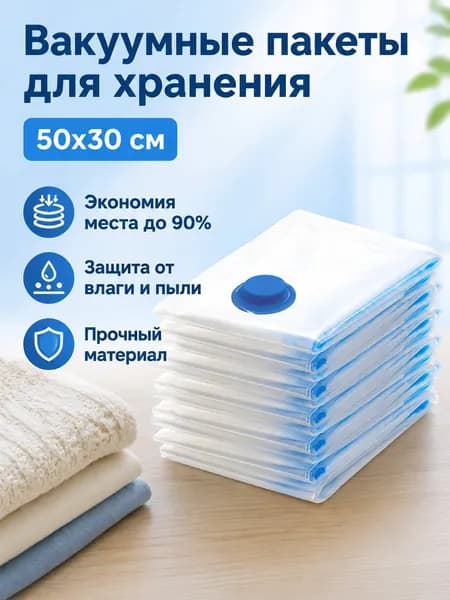 Вакуумный компрессионный мешок для одежды и постельного белья, мини 50 30 см, прозрачный с синей каймой, с клапаном