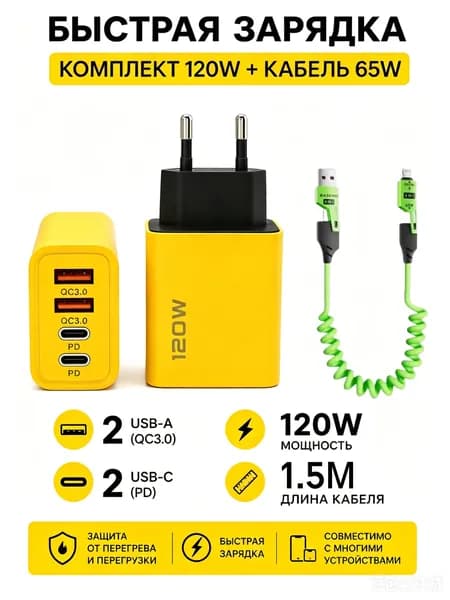 устройство для быстрой зарядки 120 Вт Двойной USB + Двойной Type-C Мультипорт с+Кабель 65 Вт