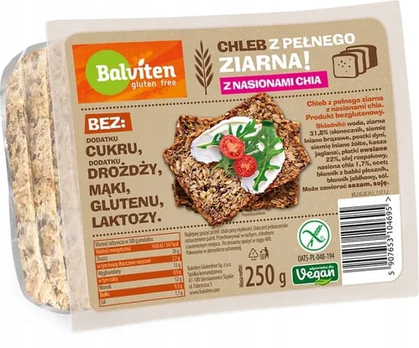 Цельнозерновой хлеб с семенами чиа Balviten без глютена 3 шт x 250г