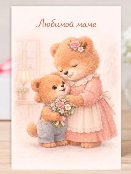 Открытка "Любимой маме" милая с медведицей и медвежонком, с конвертом, 10х15 MiloCards