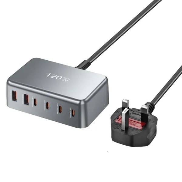 Многопортовое USB C Настольное зарядное устройство USB Зарядный хаб с 120W Компактный дизайн, Серый - UK