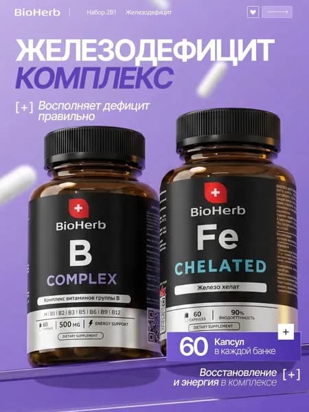 Комплекс витаминов группы В, 60капсул + Железо Хелат, 60 капсул / BioHerb