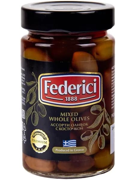 Оливки ассорти с косточкой Federici Каламата, каламата блонд, халкидики, 300 г
