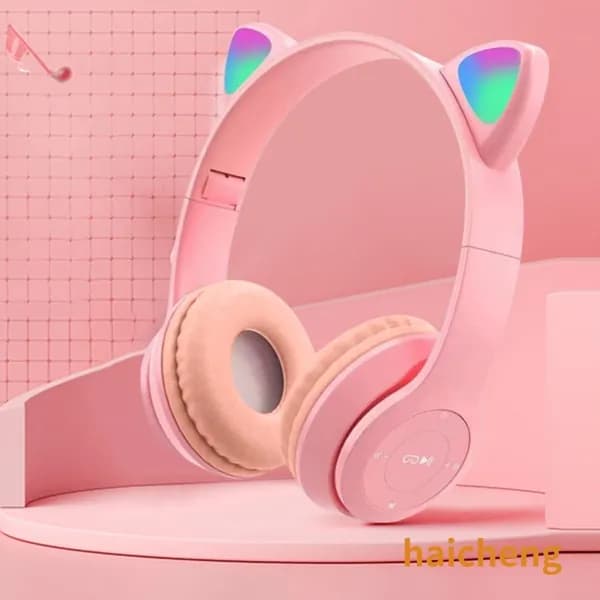 Беспроводные Bluetooth-наушники с подсветкой в виде кошачьих ушей, розовые