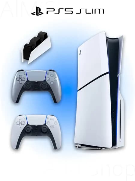 Игровая приставка Sony PlayStation 5 Slim с дисководом + 2 геймпад (серебристый, Sterling Silver) + зарядная станция