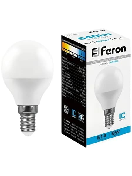 Светодиодная лампа FERON 9W 230V E14 6400K, LB-550 (шар) 25803