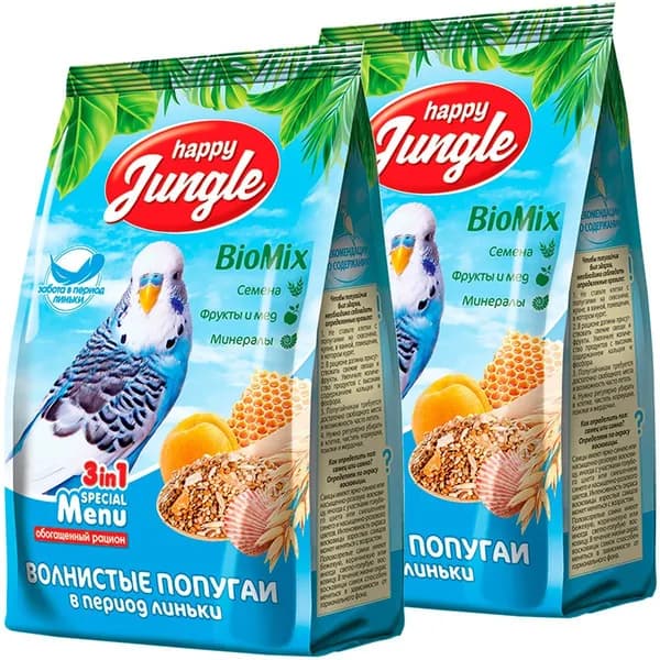 Корм для птиц HAPPY JUNGLE для волнистых попугаев в период линьки (500 гр х 2 шт)