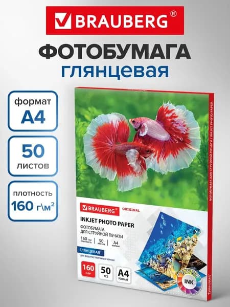 Фотобумага глянцевая, А4, 160 г/м2, односторонняя, 50 листов, Brauberg