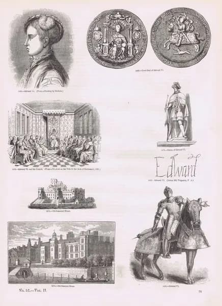 Старая Англия 198. Король Эдуард VI, его доспехи, подпись, Большая печать, Совет, старое здание Сомерсет-хаус в Лондоне. Антикварная гравюра (ксилография). Англия, 1864 год