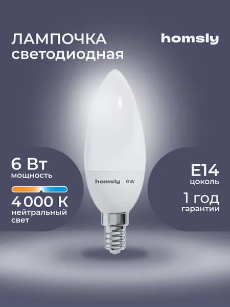 Лампа светодиодная Homsly, 6Вт, C35, E14, 4000К