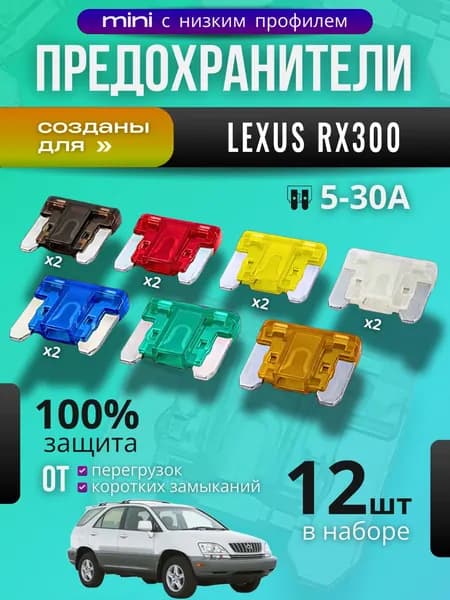 Предохранители для Лексус РХ300 (Lexus RX300) / автомобильный набор Мини с низким профилем, 12 штук с пинцетом / флажковые 5-30 А