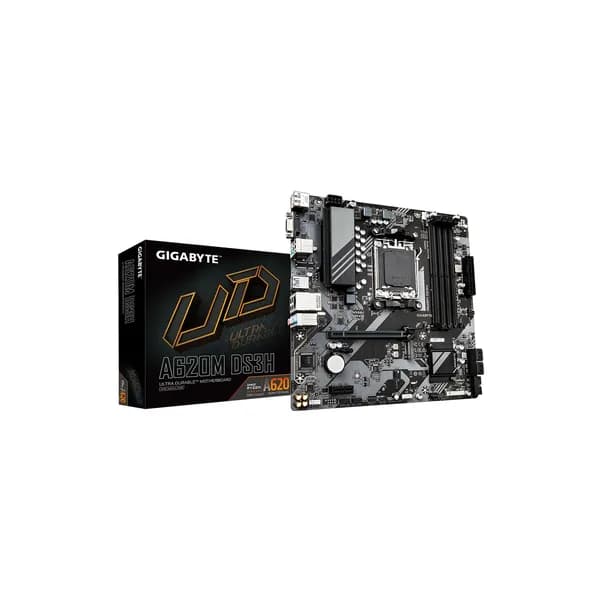 Gigabyte A620M DS3H Материнская плата , Micro-ATX, AM5, AMD A620, 4xDDR5, 4xSATA, 1xM.2, 1xPCI-E 4.0 x16, 1xPCI-E x1, 1xHDMI, 1xDP, 1xVGA, 1x 1Gb LAN, 1xUSB 3.2 Gen 1, 4xUSB 2.0, 3x3.5mm, 7.1, ATX