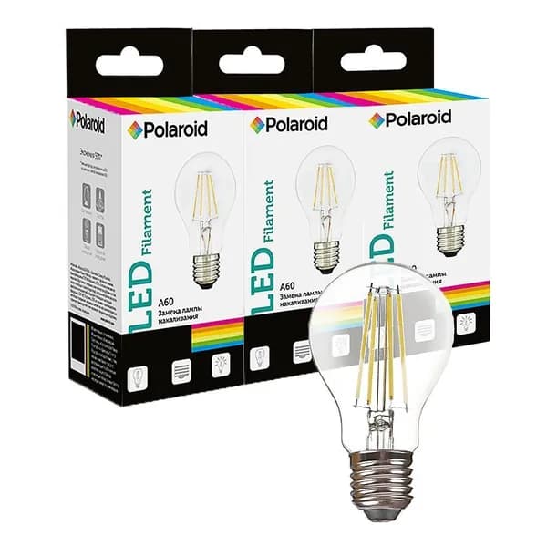 Филаментная светодиодная лампа Polaroid 220V FIL A60 4W 3000K E27 470lm (3 шт.)