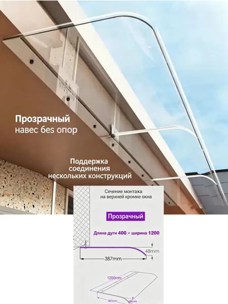 Козырек Над Крыльцом / Входной Дверью, Прозрачный Поликарбонатный Лист(1200,Плоская установка)