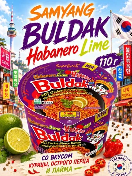 Buldak, Лапша со вкусом курицы, острого перца и лайма, Samyang, 110 г