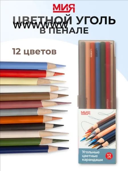 Угольные цветные карандаши МИЯ, 12 цветов