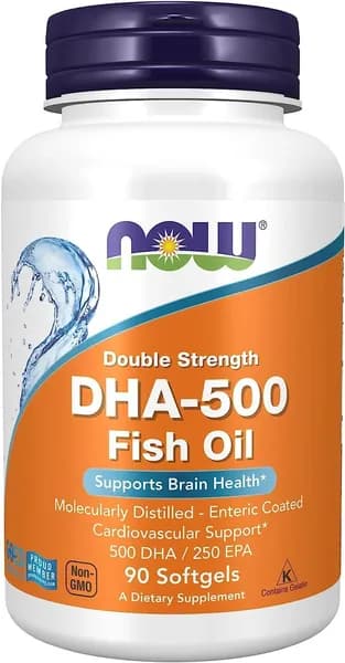 NOW DHA 500mg Fish Oil 90 капсул. Концентрат рыбьего жира высокой степени очистки.