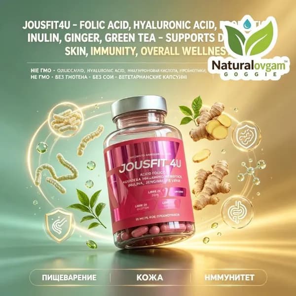JOUSFIT4U, комплекс для пищеварения, кожи и иммунитета, инулин, пробиотики 10 млрд КОЕ, гиалуроновая кислота, фолиевая кислота, имбирь, зелёный чай, 60 капсул