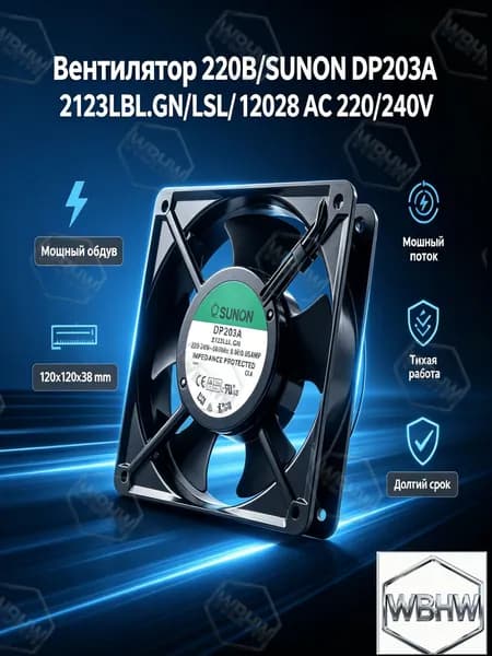 Промышленный вентилятор SUNON DP203A, 120x120x38 мм, 220В, 0.06/0.05А, для охлаждения электроники