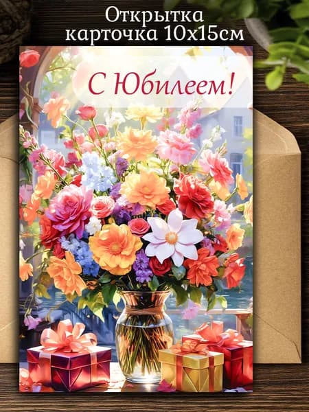 Открытка карточка С Юбилеем Цветы 10х15см, с крафт-конвертом