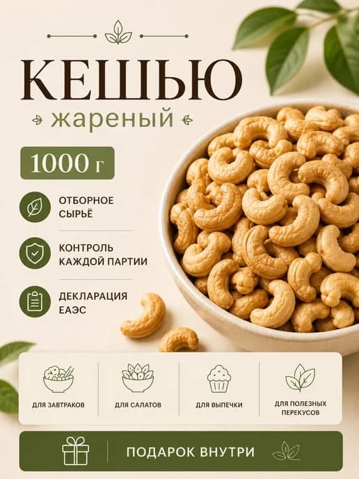 Кешью жареный 1000 г, орехи несолёные, натуральный перекус