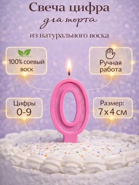 Свеча для торта Цифра "0", с шиммером, цвет розовый