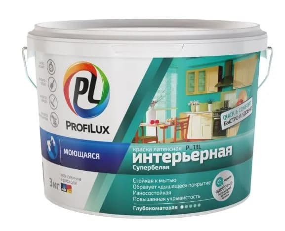 Краска для стен и потолков для влажных помещений латексная Profilux PL-13L глубокоматовая супербелая база 1 1,4 кг.