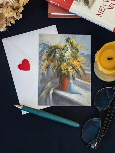 Открытка Мимоза и соловей . Авторская живопись маслом. Подарок маме, подруге, учителю на день рождения, выпускной. Репродукция А6.