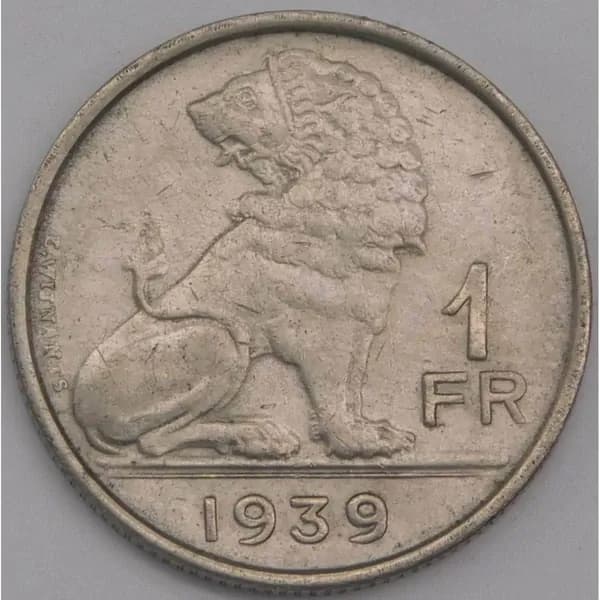 Бельгия монета 1 франк 1939 КМ120 XF Belgie - Belgique арт. 42832