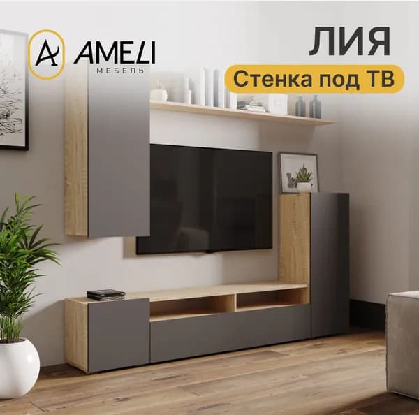 Модульная гостиная ЛИЯ, стенка под ТВ, Графит / Дуб сонома