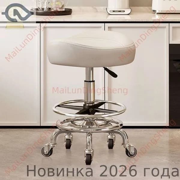 Ортопедический стул, Искусственная кожа, Модель с подножкой, без спинки, белый цвет, с бесшумными резиновыми колёсами
