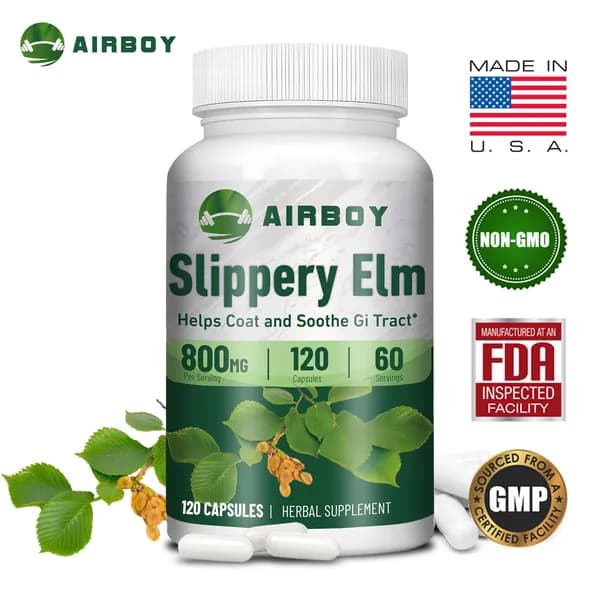 Добавка Airboy Slippery Elm Herbal Supplement -успокаивает желудочно-кишечный тракт, балансирует микрофлору кишечника и способствует пищеварению.