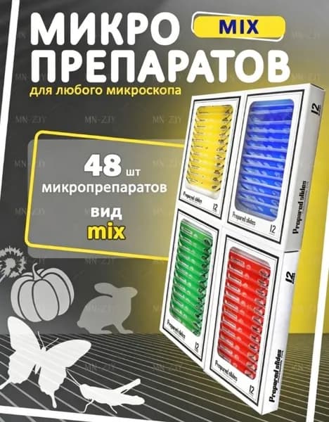 Препараты для микроскопа, 48 штук, насекомые и животные, растения, человек, овощи.