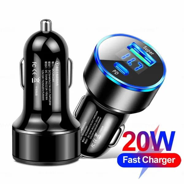Автомобильное зарядное устройство с LED-дисплеем и быстрой зарядкой Power Delivery (20 Вт)