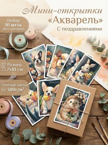 Мини открытки "Акварель", 7 х 10 см., мини открытки с поздравлениями